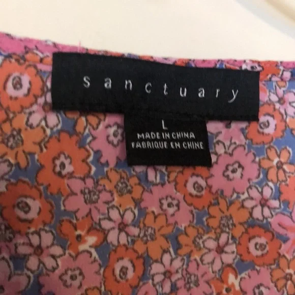 Sanctuary Blouse short sleeves pink orange purple floral Size L. NWOT - Picture 4 of 7